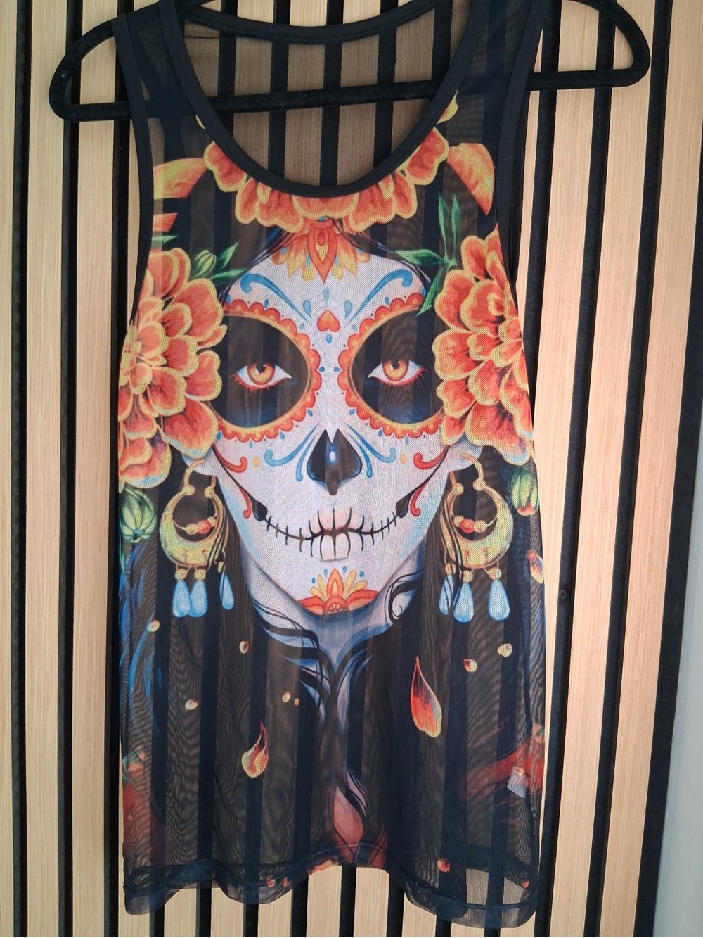 Sheer Black Sugar Skull Floral Sleeveless Top